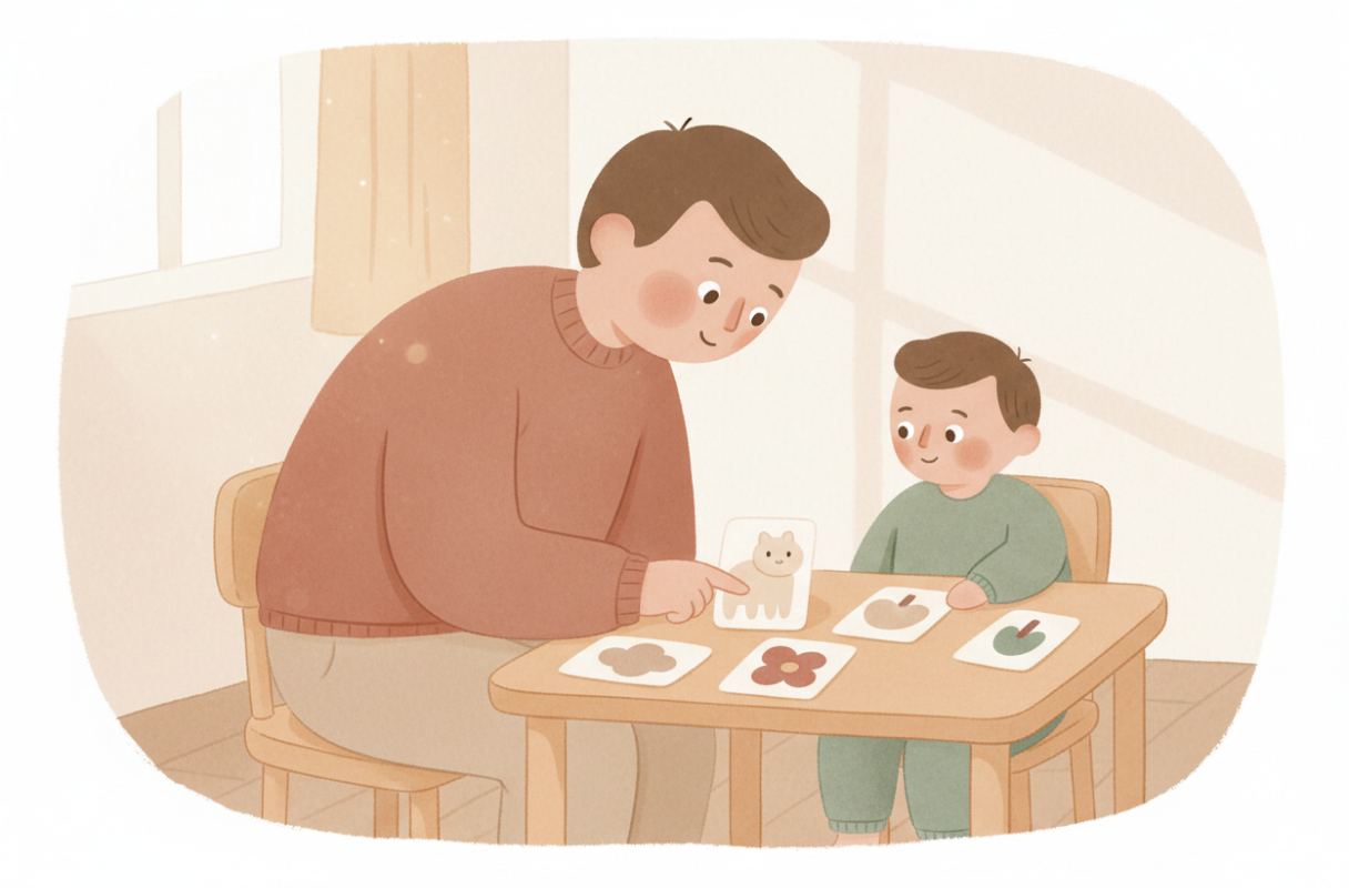 Un adult i un infant conversant amb les cartes